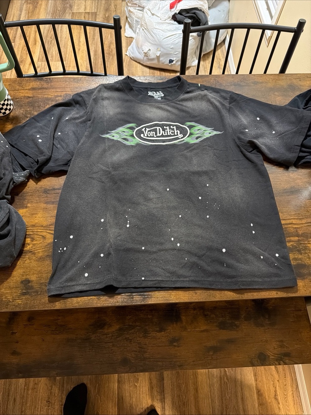Von Dutch Mens Black Long Sleeve Tee with Green Flame Logo